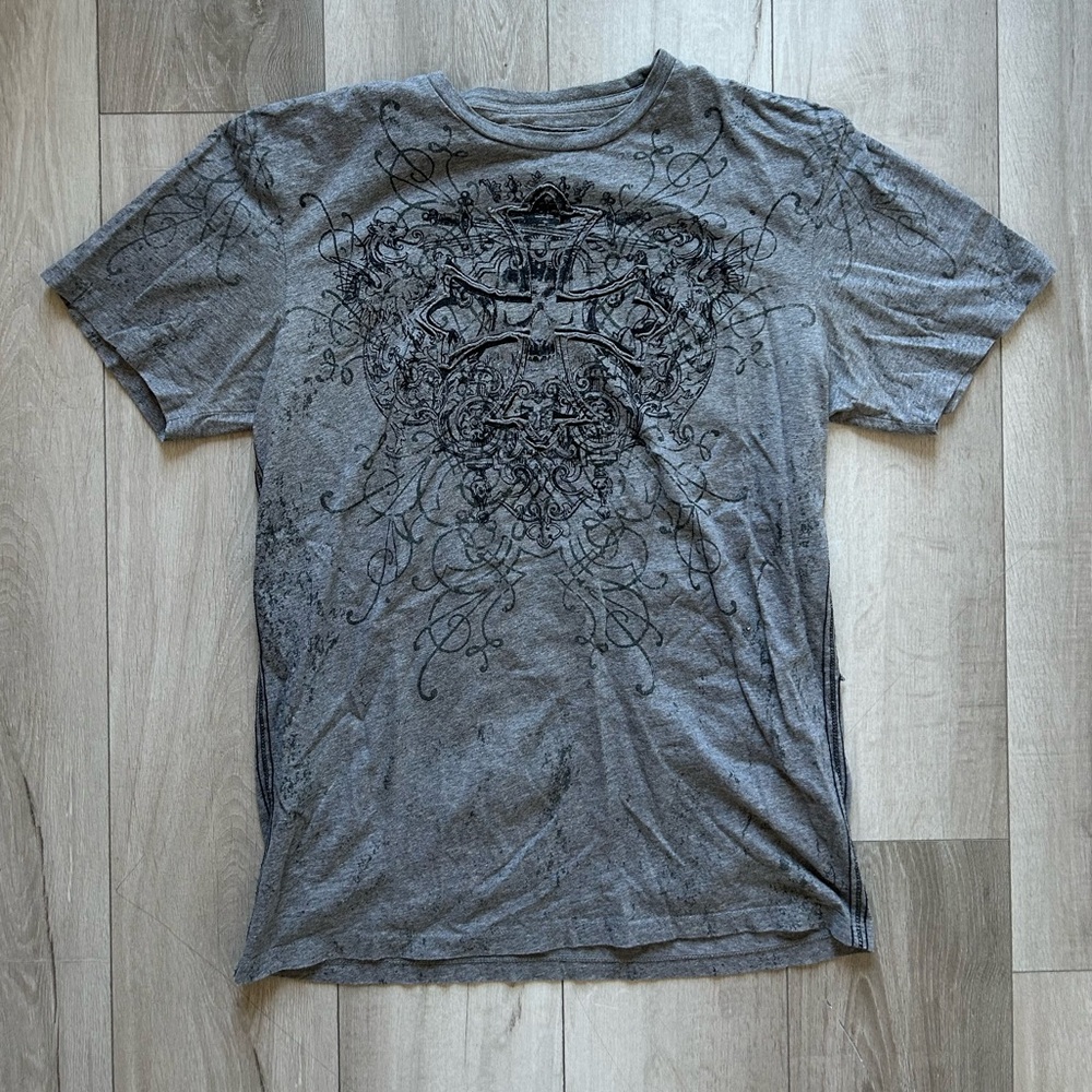 Men's Charcoal Third Rail 3D Print Skull Graphic Tee With Back Hit Size Large